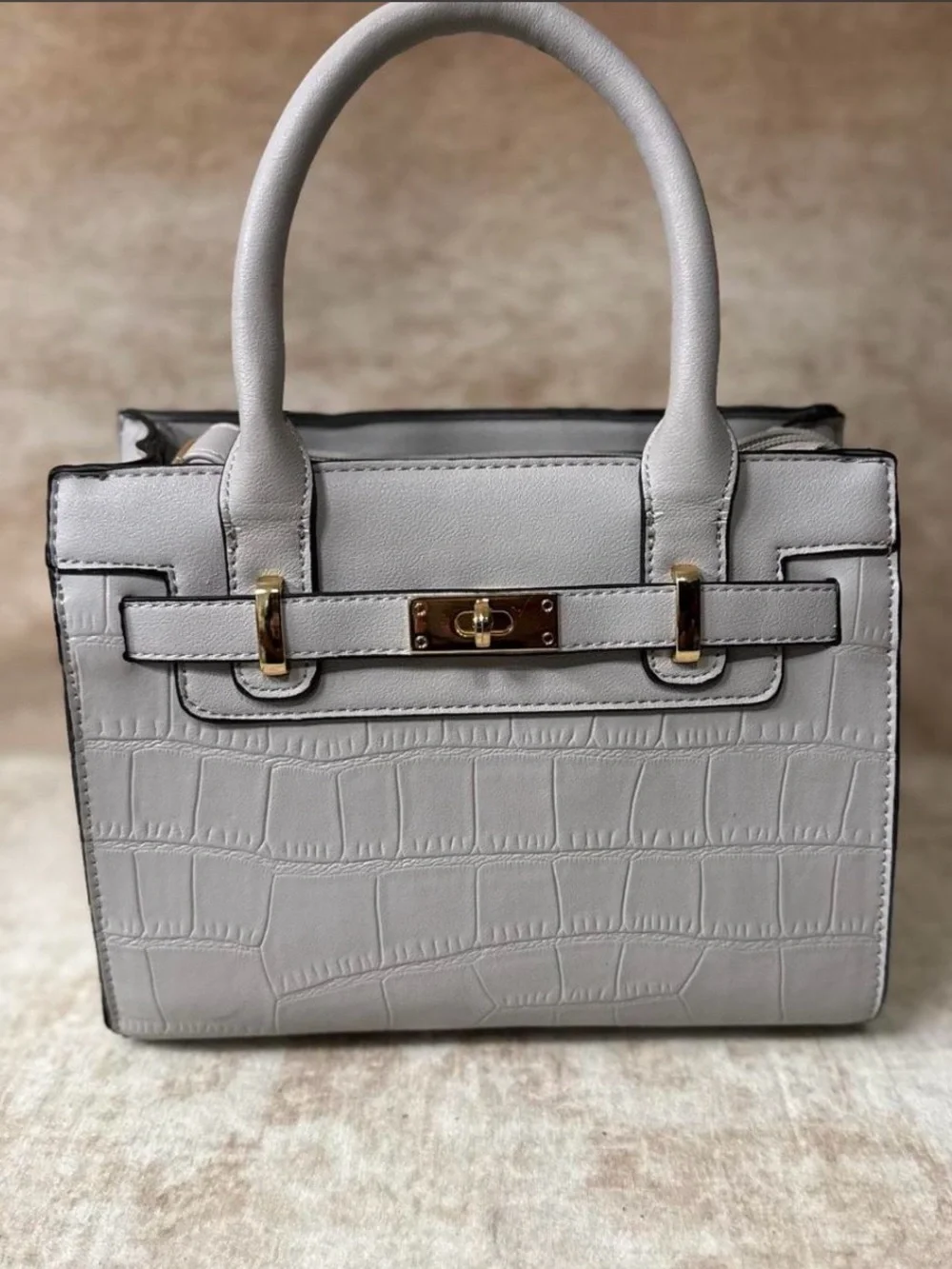 Structured Croc-Embossed Top-Handle Bag in Light Gray